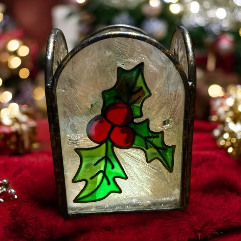Our America Stained Glass Frosted Holly Berries Candle Holder Christmas